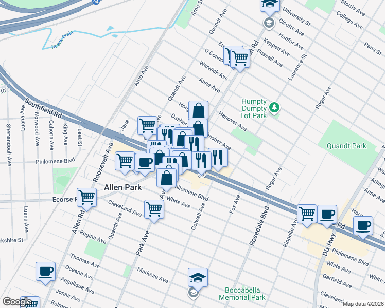 map of restaurants, bars, coffee shops, grocery stores, and more near 955 Allen Road in Allen Park