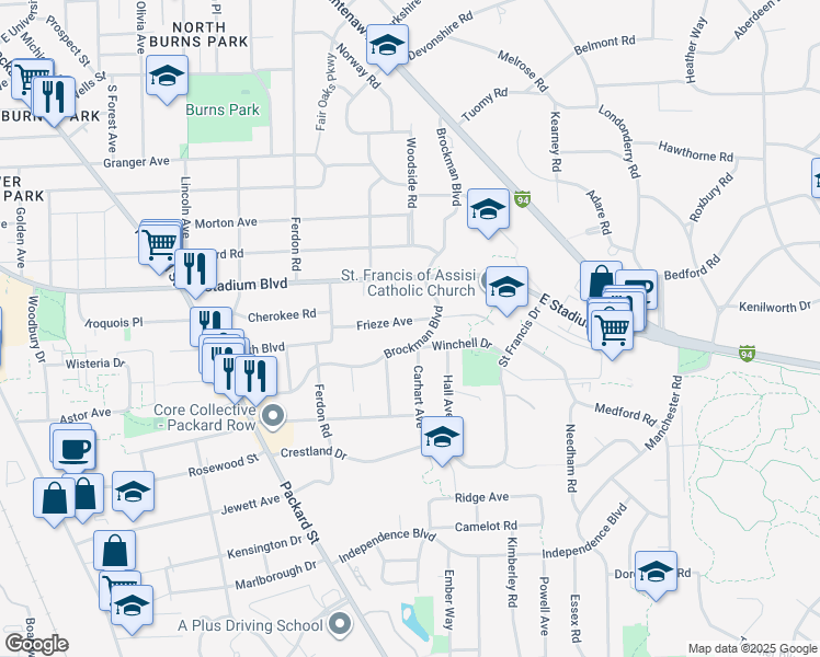 map of restaurants, bars, coffee shops, grocery stores, and more near 2012 Frieze Avenue in Ann Arbor