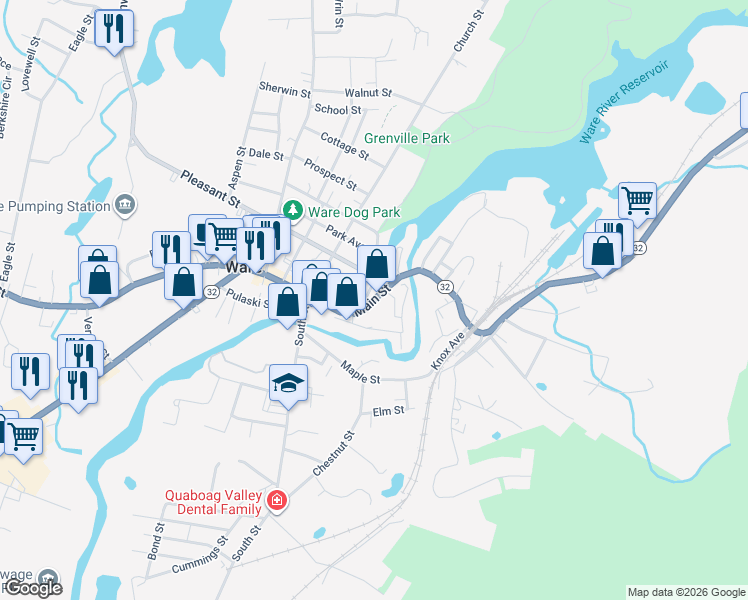 map of restaurants, bars, coffee shops, grocery stores, and more near East Main Street in Ware