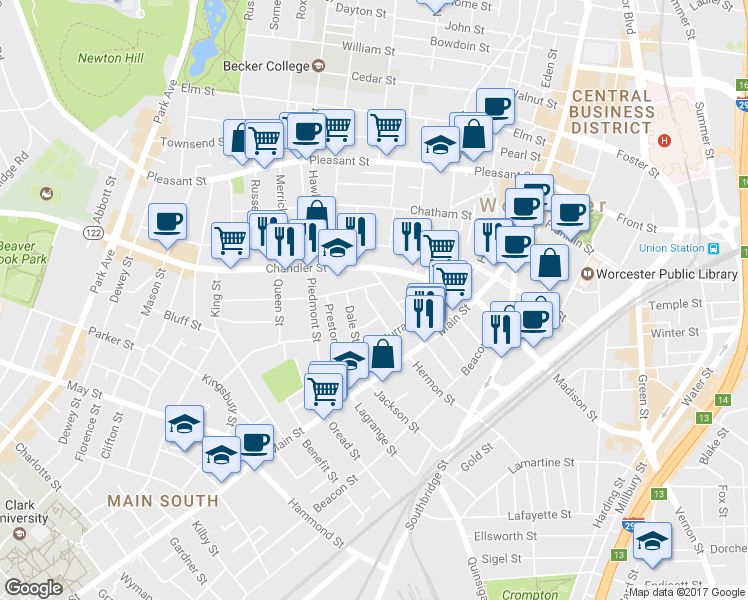 map of restaurants, bars, coffee shops, grocery stores, and more near 26 Ethan Allen Street in Worcester