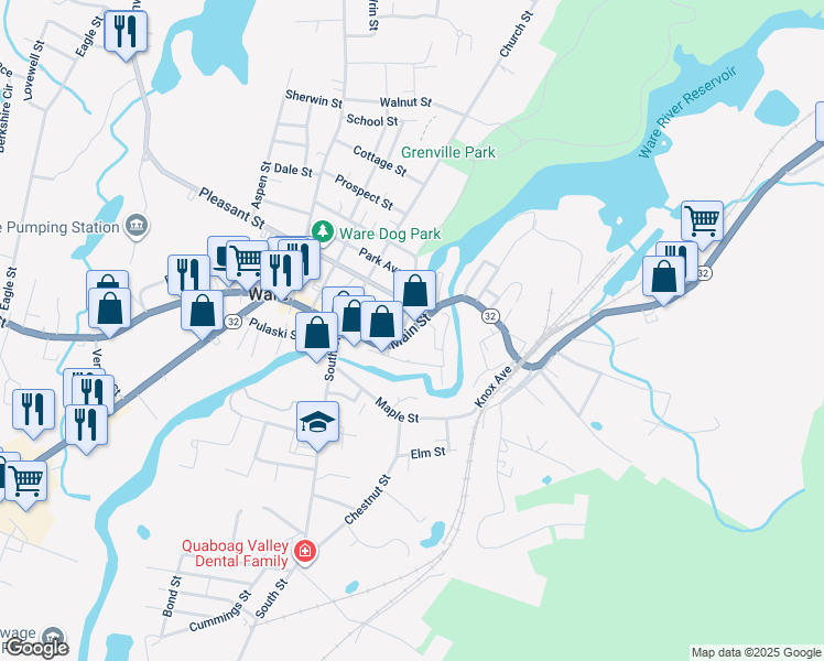 map of restaurants, bars, coffee shops, grocery stores, and more near East Main Street in Ware