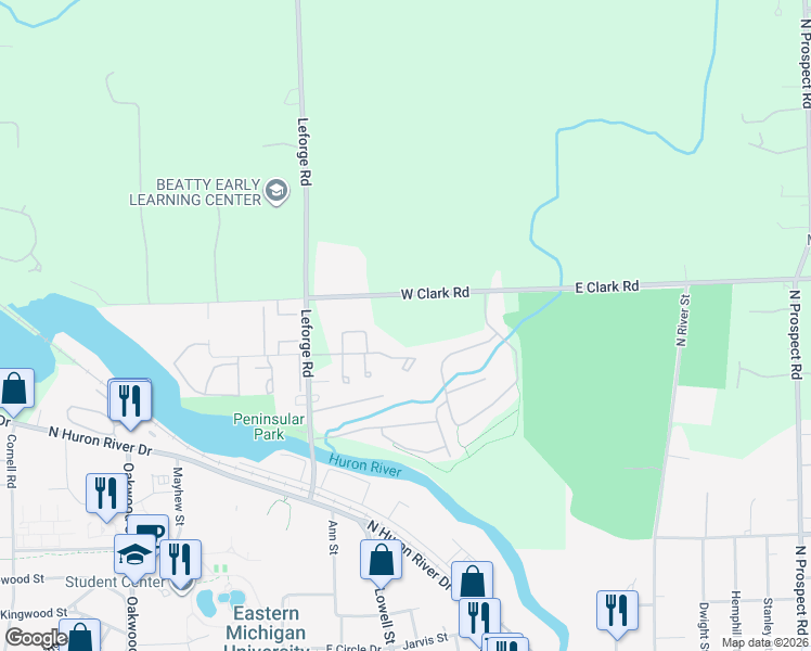 map of restaurants, bars, coffee shops, grocery stores, and more near 525 West Clark Road in Ypsilanti
