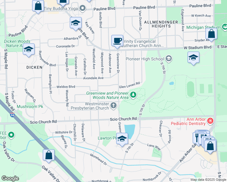 map of restaurants, bars, coffee shops, grocery stores, and more near 1414 Normandy Road in Ann Arbor
