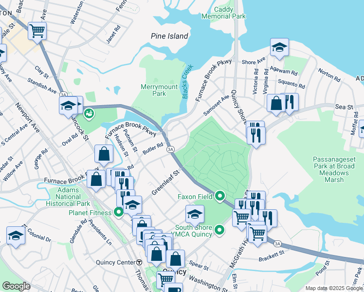 map of restaurants, bars, coffee shops, grocery stores, and more near 164 Merrymount Road in Quincy