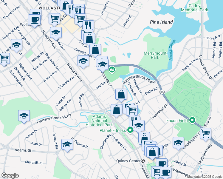 map of restaurants, bars, coffee shops, grocery stores, and more near 8 Gilmore Street in Quincy