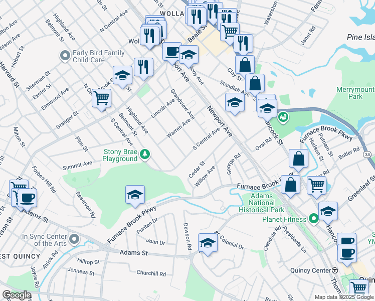map of restaurants, bars, coffee shops, grocery stores, and more near 72 South Central Avenue in Quincy