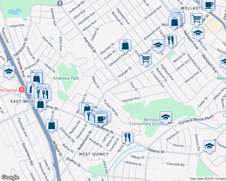 map of restaurants, bars, coffee shops, grocery stores, and more near 133 Hillside Avenue in Quincy