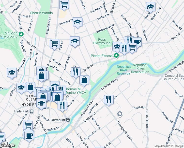 map of restaurants, bars, coffee shops, grocery stores, and more near 760 Metropolitan Avenue in Boston