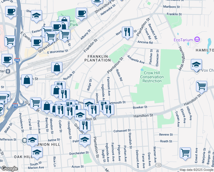 map of restaurants, bars, coffee shops, grocery stores, and more near 21 Clarendon Street in Worcester