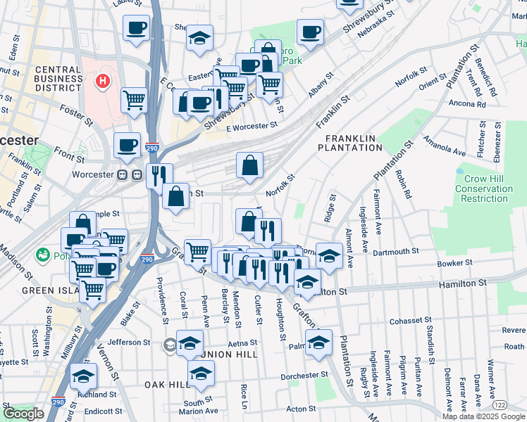 map of restaurants, bars, coffee shops, grocery stores, and more near 23 Suffolk Street in Worcester