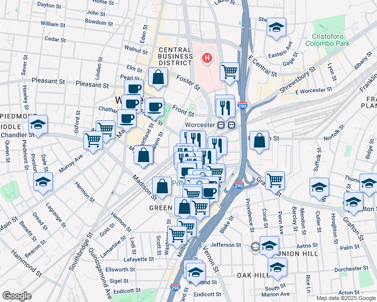map of restaurants, bars, coffee shops, grocery stores, and more near 16 Temple Street in Worcester