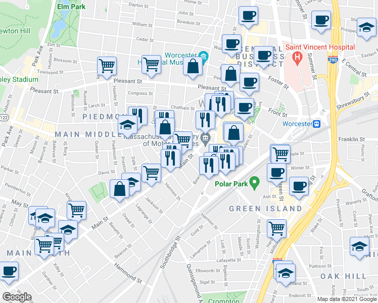 map of restaurants, bars, coffee shops, grocery stores, and more near 662 Main Street in Worcester