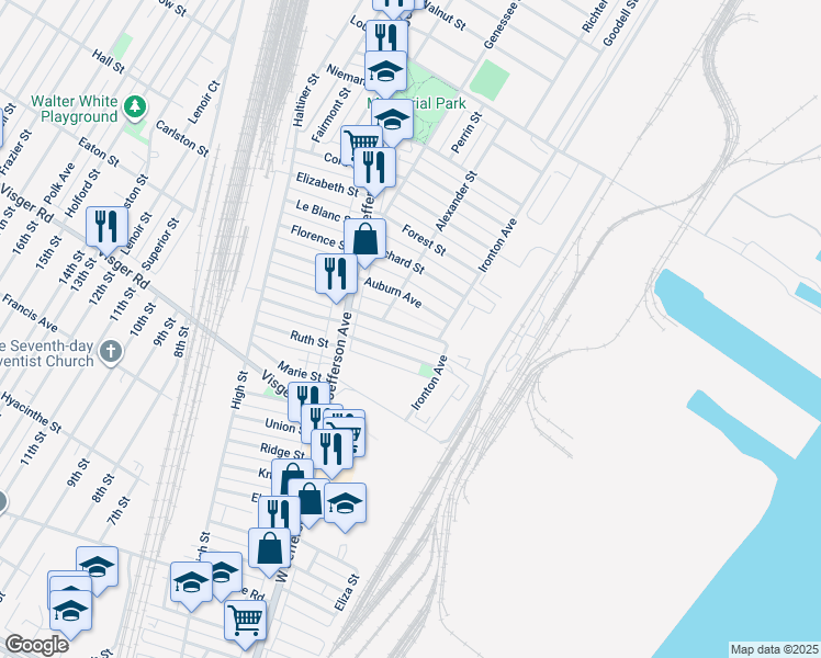 map of restaurants, bars, coffee shops, grocery stores, and more near 38 East Rockwood Avenue in Ecorse