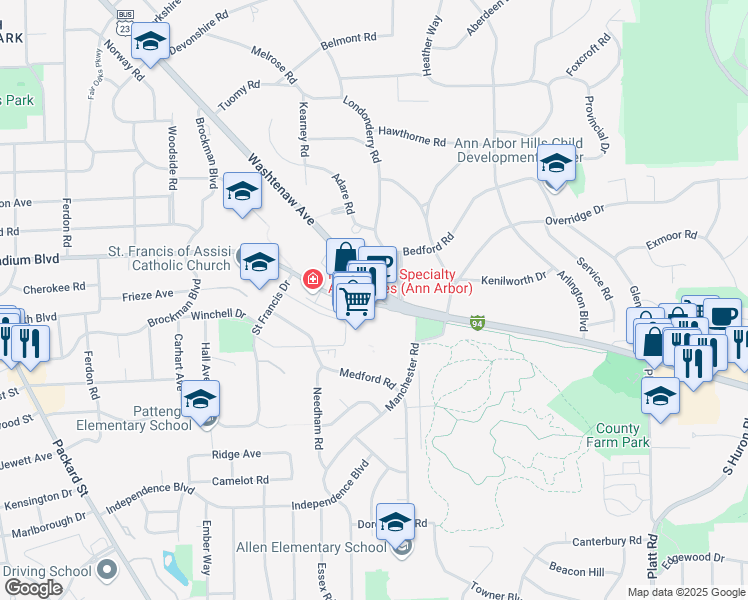 map of restaurants, bars, coffee shops, grocery stores, and more near 2407 East Stadium Boulevard in Ann Arbor
