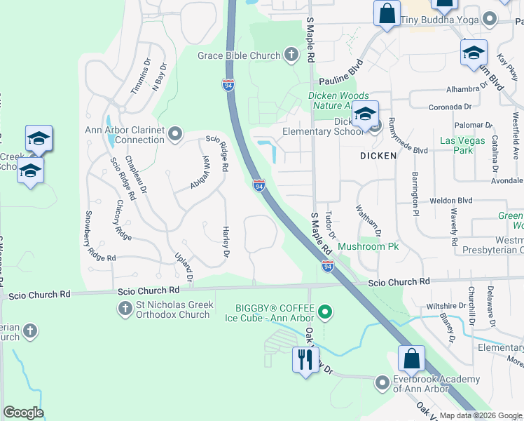 map of restaurants, bars, coffee shops, grocery stores, and more near 2600 Oxford Cir in Ann Arbor