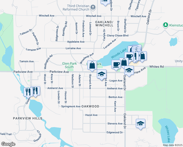 map of restaurants, bars, coffee shops, grocery stores, and more near 2423 Parkview Avenue in Kalamazoo