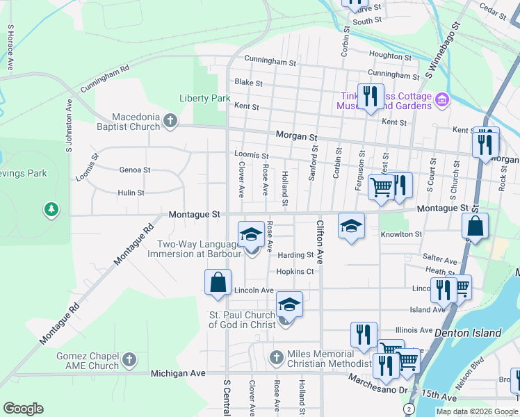 map of restaurants, bars, coffee shops, grocery stores, and more near 1121 Montague Street in Rockford