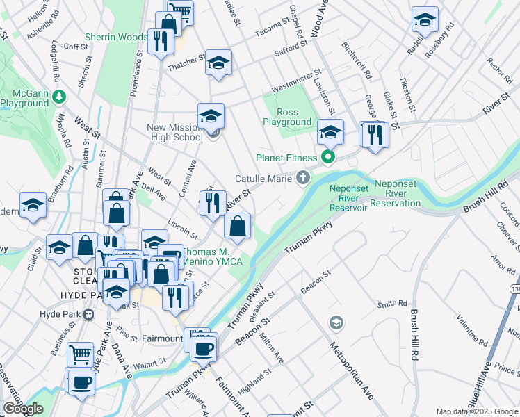 map of restaurants, bars, coffee shops, grocery stores, and more near 760 Metropolitan Avenue in Boston