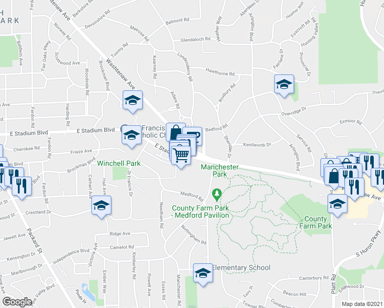 map of restaurants, bars, coffee shops, grocery stores, and more near 2460 Washtenaw Avenue in Ann Arbor