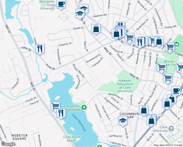 map of restaurants, bars, coffee shops, grocery stores, and more near 31 Knowles Road in Worcester