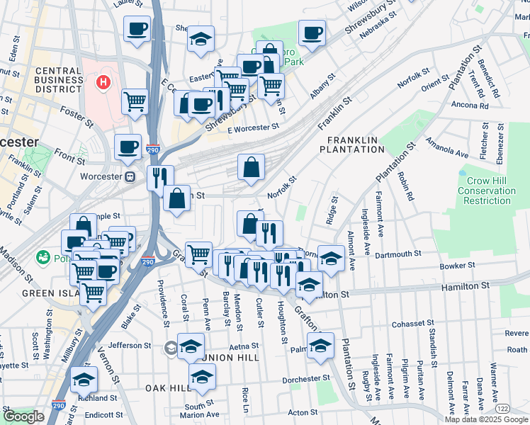 map of restaurants, bars, coffee shops, grocery stores, and more near 23 Suffolk Street in Worcester