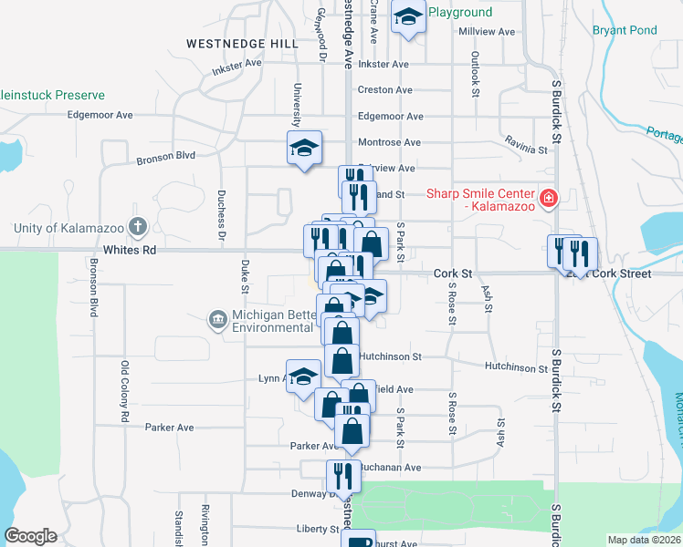 map of restaurants, bars, coffee shops, grocery stores, and more near 3154 South Westnedge Avenue in Kalamazoo