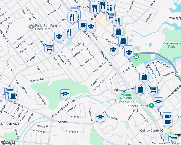 map of restaurants, bars, coffee shops, grocery stores, and more near 77 South Central Avenue in Quincy