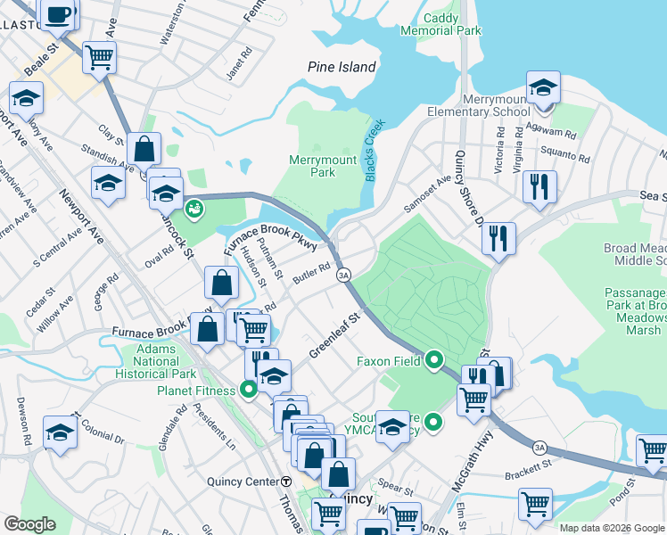 map of restaurants, bars, coffee shops, grocery stores, and more near 266 Southern Artery in Quincy