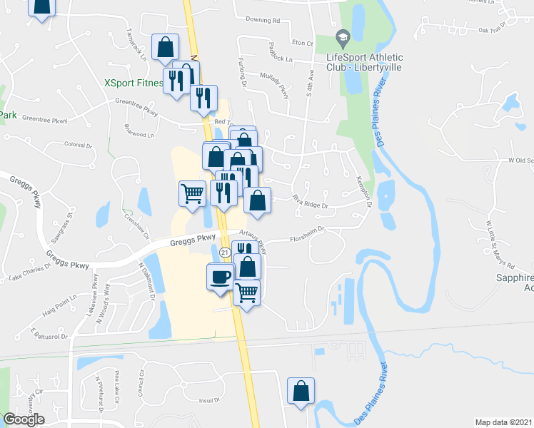 map of restaurants, bars, coffee shops, grocery stores, and more near 720 Florsheim Drive in Libertyville