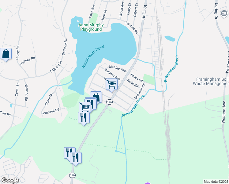 map of restaurants, bars, coffee shops, grocery stores, and more near 3 Pond Street in Ashland