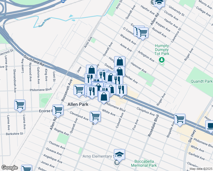 map of restaurants, bars, coffee shops, grocery stores, and more near 15544 Southfield Road in Allen Park