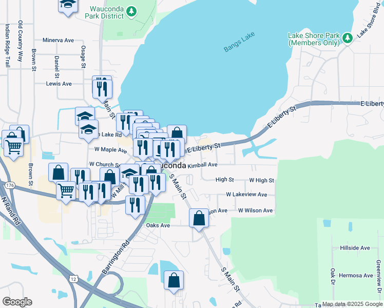 map of restaurants, bars, coffee shops, grocery stores, and more near 222 East Liberty Street in Wauconda