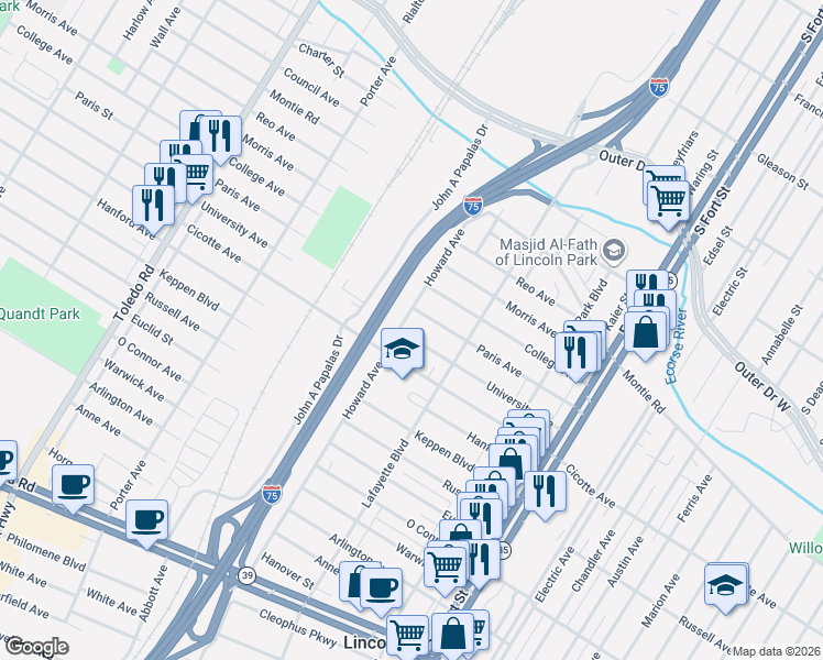 map of restaurants, bars, coffee shops, grocery stores, and more near 1584 University Avenue in Lincoln Park