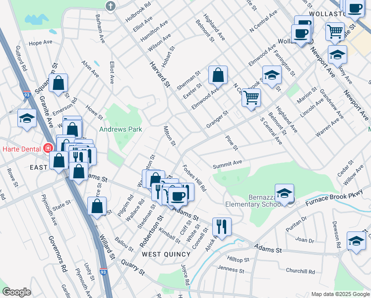 map of restaurants, bars, coffee shops, grocery stores, and more near 401 Beale Street in Quincy
