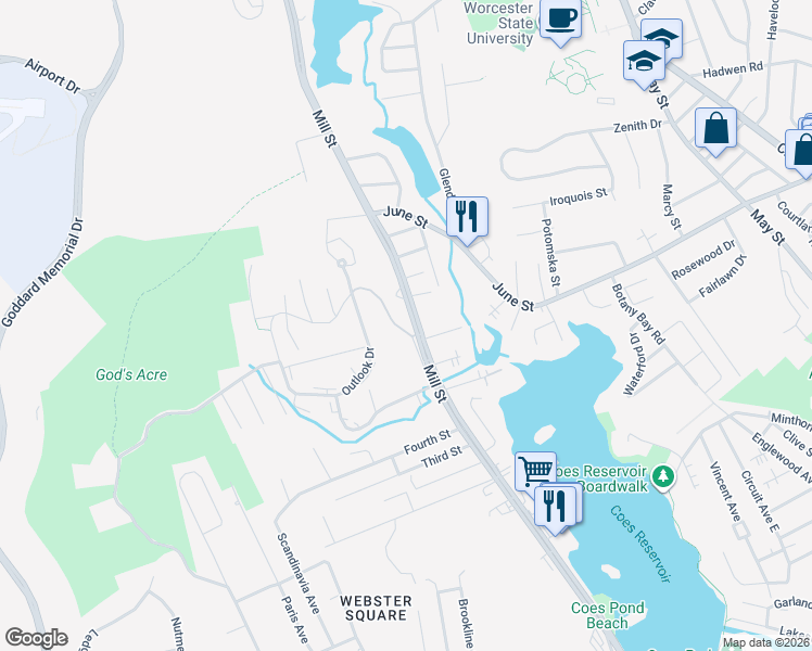 map of restaurants, bars, coffee shops, grocery stores, and more near 2 Swan Ave in Worcester
