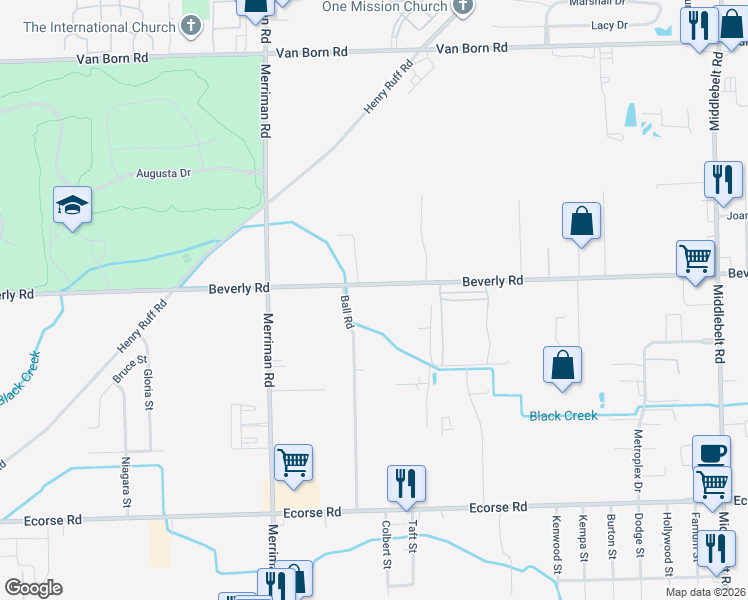 map of restaurants, bars, coffee shops, grocery stores, and more near 30905 Beverly Road in Romulus
