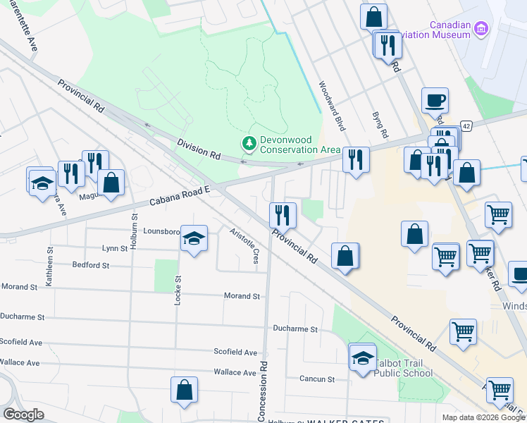 map of restaurants, bars, coffee shops, grocery stores, and more near 1450 Provincial Road in Windsor