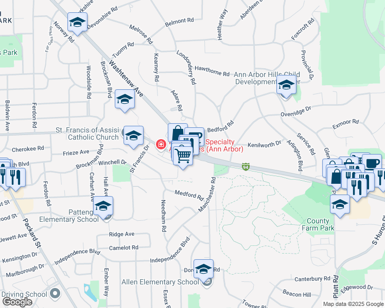 map of restaurants, bars, coffee shops, grocery stores, and more near 2460 Washtenaw Avenue in Ann Arbor