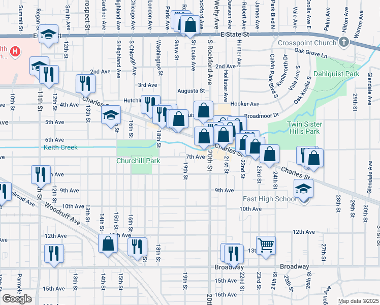 map of restaurants, bars, coffee shops, grocery stores, and more near 2308 7th Avenue in Rockford