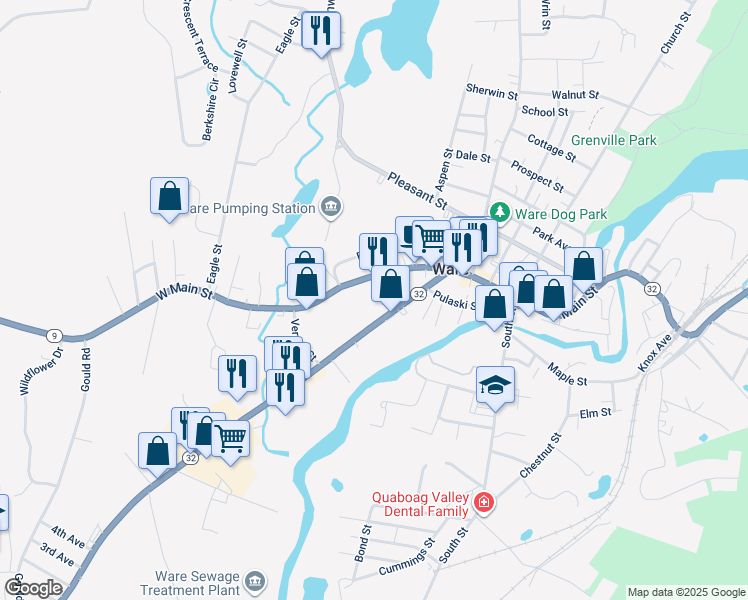 map of restaurants, bars, coffee shops, grocery stores, and more near 51 West Street in Ware
