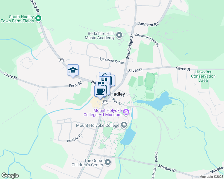 map of restaurants, bars, coffee shops, grocery stores, and more near 1 Hadley Street in South Hadley