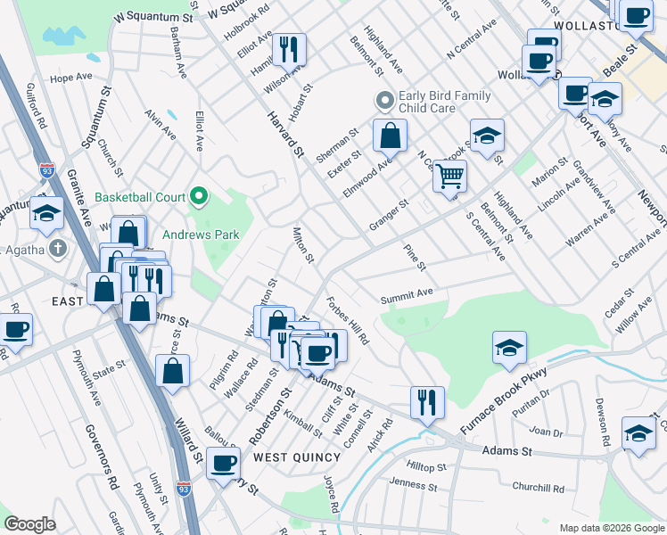 map of restaurants, bars, coffee shops, grocery stores, and more near 401 Beale Street in Quincy
