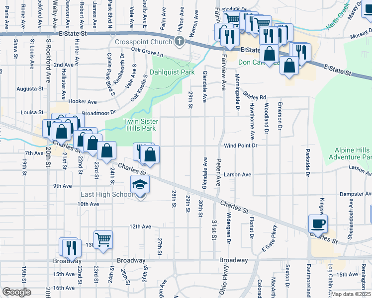 map of restaurants, bars, coffee shops, grocery stores, and more near 3211 Wind Point Drive in Rockford