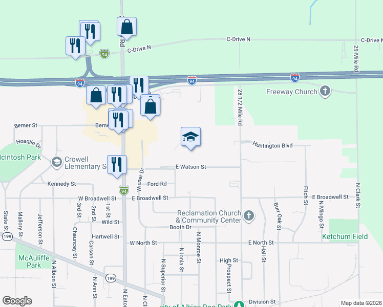 map of restaurants, bars, coffee shops, grocery stores, and more near 225 East Watson Street in Albion