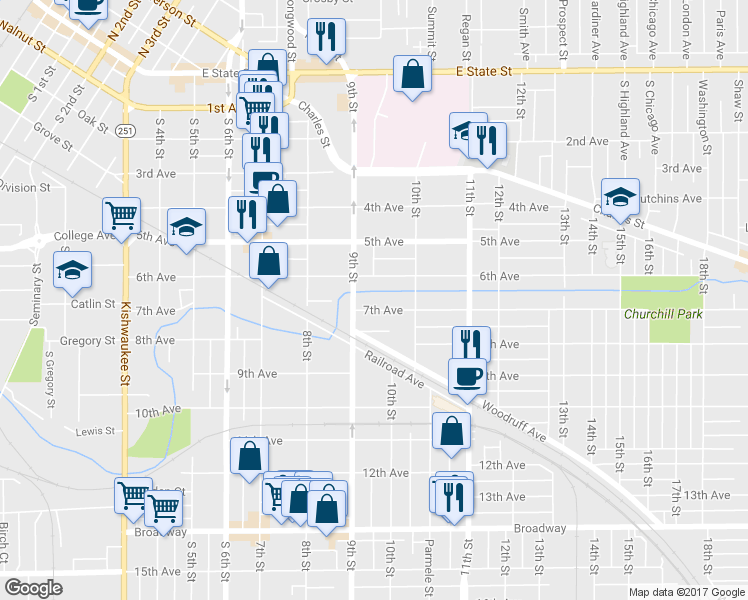 map of restaurants, bars, coffee shops, grocery stores, and more near 1320 7th Avenue in Rockford
