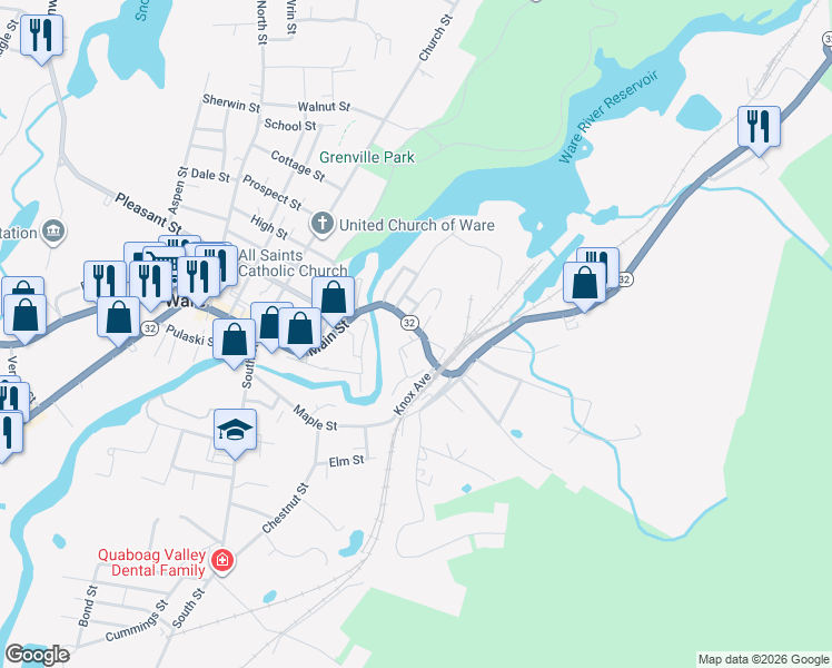 map of restaurants, bars, coffee shops, grocery stores, and more near 25 East Street in Hardwick
