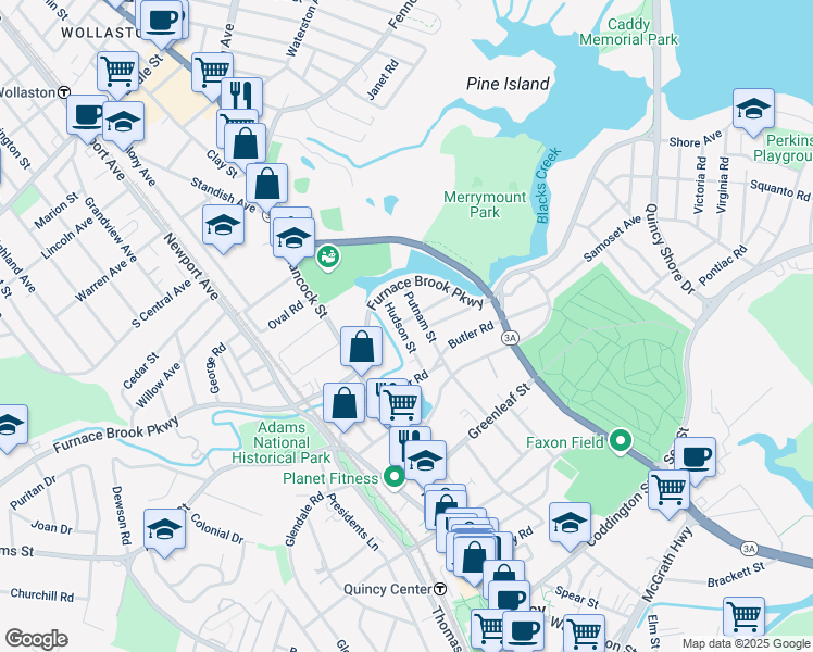 map of restaurants, bars, coffee shops, grocery stores, and more near 31 Hudson Street in Quincy