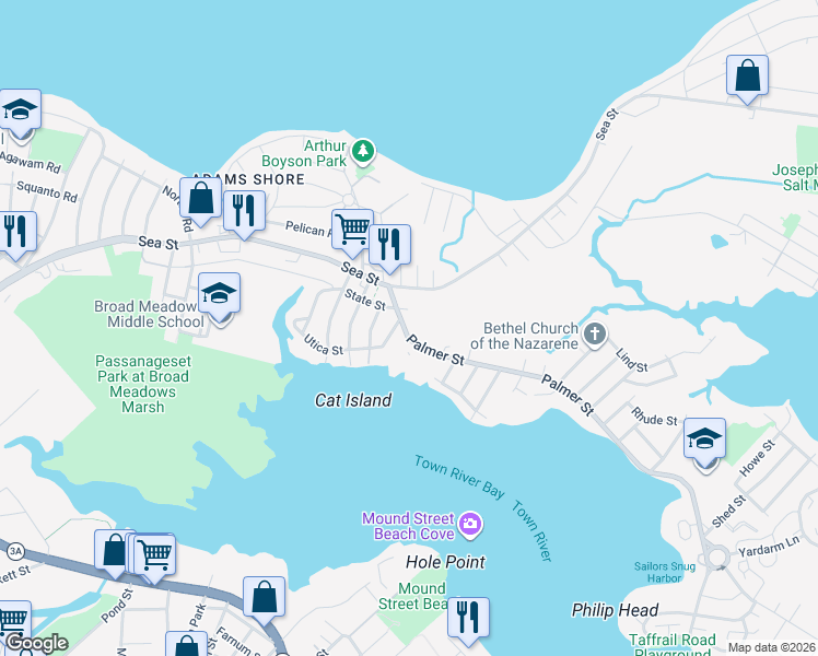 map of restaurants, bars, coffee shops, grocery stores, and more near 10 Utica Street in Quincy