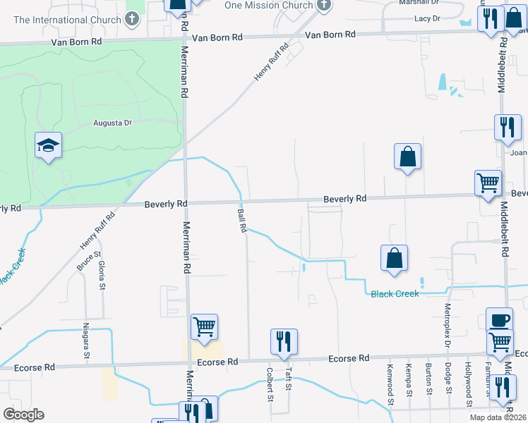 map of restaurants, bars, coffee shops, grocery stores, and more near 30905 Beverly Road in Romulus