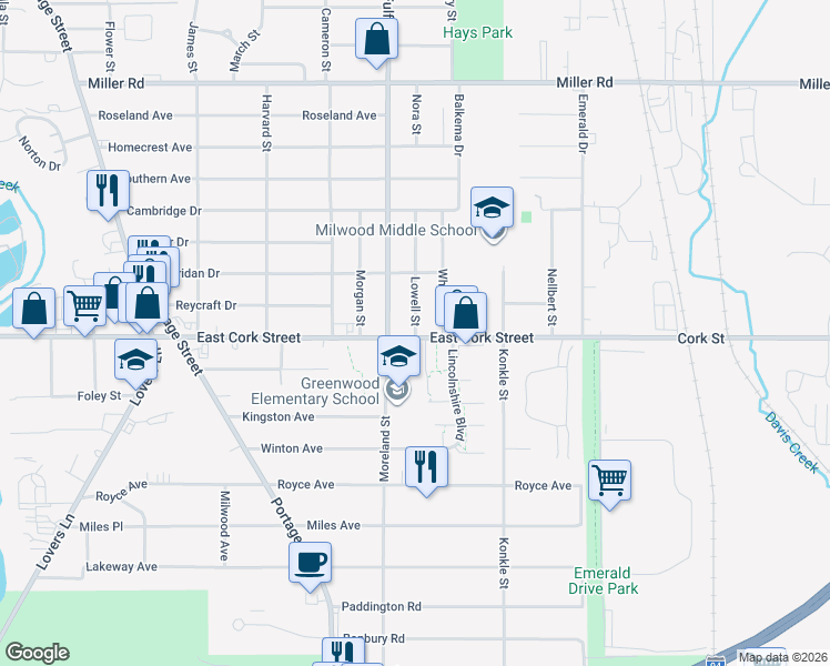 map of restaurants, bars, coffee shops, grocery stores, and more near 1901 East Cork Street in Kalamazoo